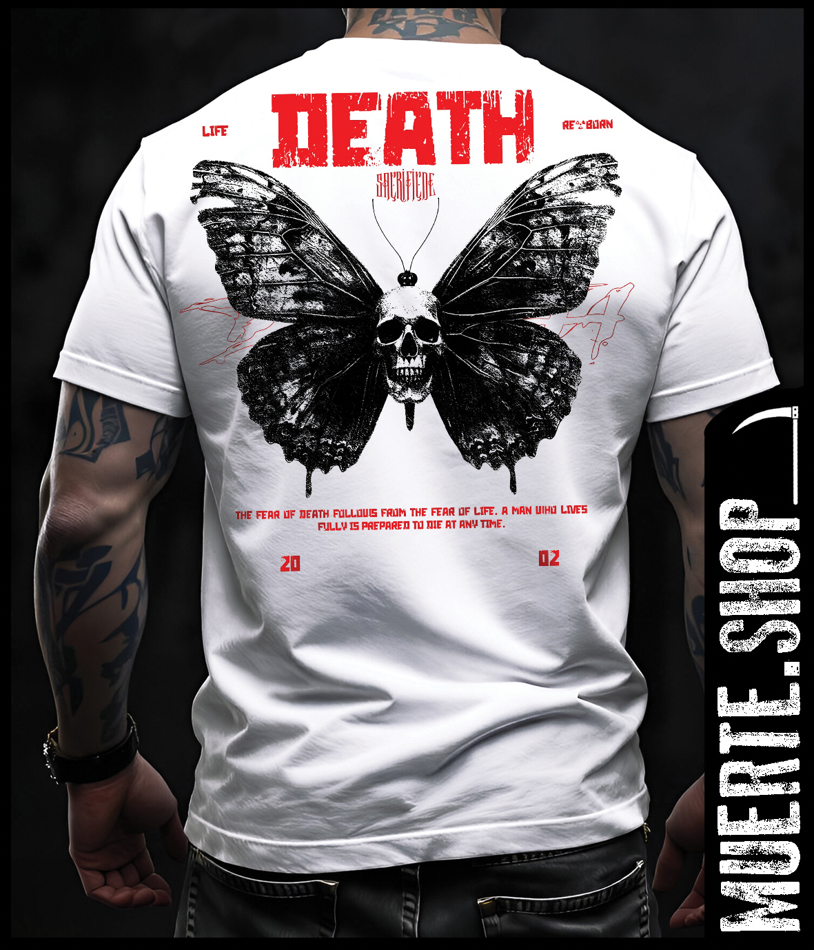 Бяла тениска SACRIFICE MOTH – артистичен дизайн с череп и skull moth